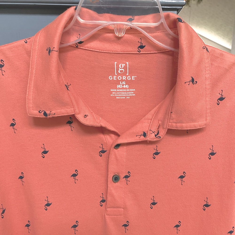 GEORGE Coral “Flamingo Print” Polo Size LG (42”- 44”)